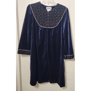 Anthony Richards Velvet Knee Length House Coat Robe Med Embroidered Blue 1/2 Zip